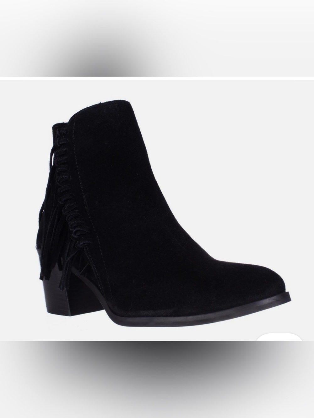 Kenneth Cole Reaction Black Suede Fringe Ankle Bootie style name is Rotini